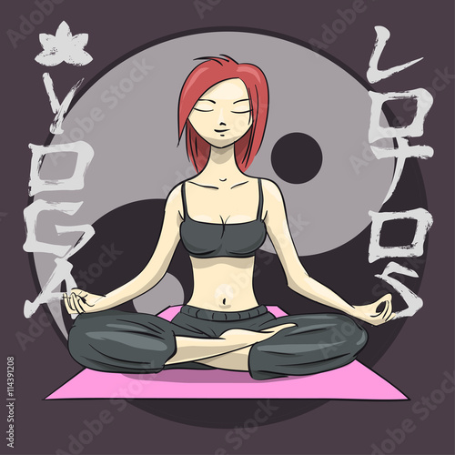 Yoga. Girl in the lotus position. Yin Yang symbol. Vector Illustration photo