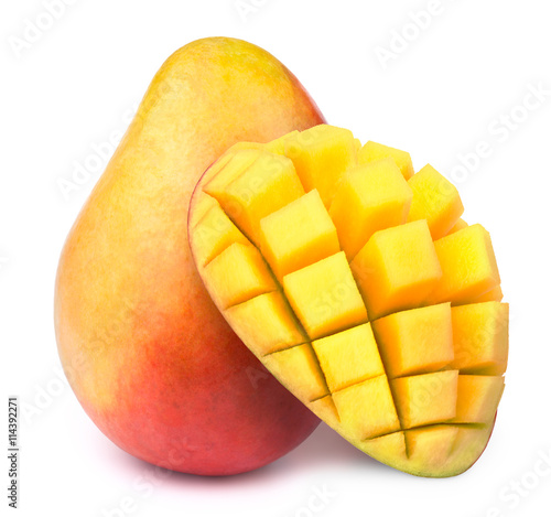 Mango with half sliced to cubes isolated on white background, with clipping path