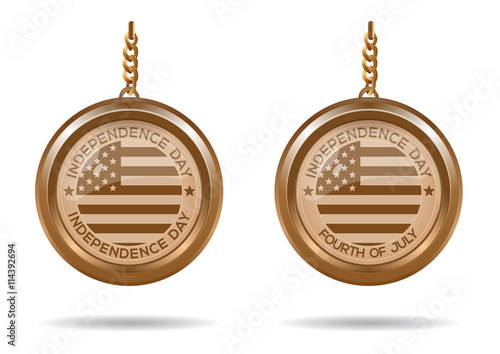 Set round gold medallion on a chain with an American flag and inscriptions - Independence Day, Fourth of July. Independence Day. Vector illustration