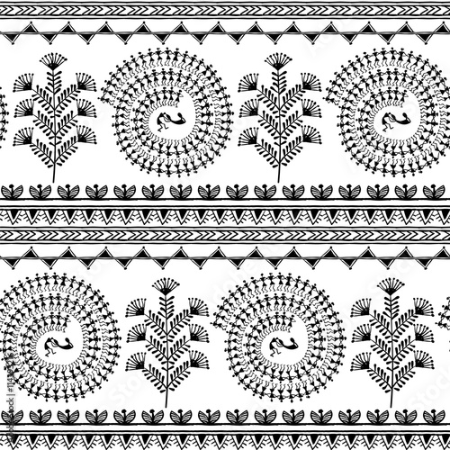 Warli painting seamless pattern - hand drawn traditional the ancient tribal art India. Pictorial language is matched by a rudimentary technique depicting rural life of the inhabitants of India