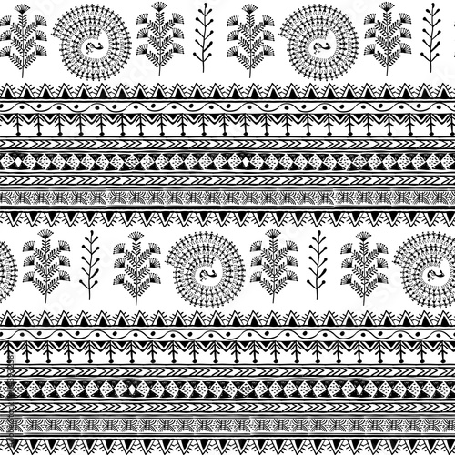 Warli painting seamless pattern - hand drawn traditional the ancient tribal art India. Pictorial language is matched by a rudimentary technique depicting rural life of the inhabitants of India