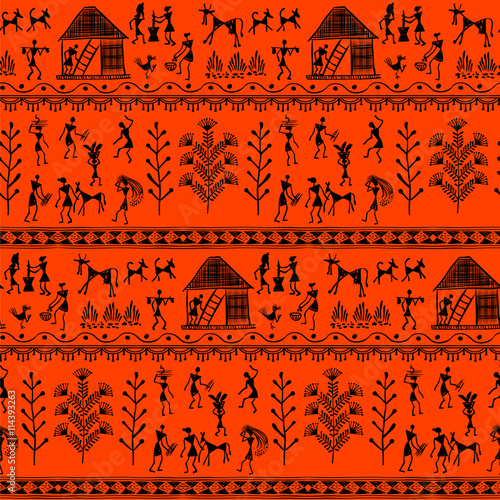 Warli painting seamless pattern - hand drawn traditional the ancient tribal art India. Pictorial language is matched by a rudimentary technique depicting rural life of the inhabitants of India