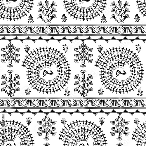 Warli painting seamless pattern - hand drawn traditional the ancient tribal art India. Pictorial language is matched by a rudimentary technique depicting rural life of the inhabitants of India