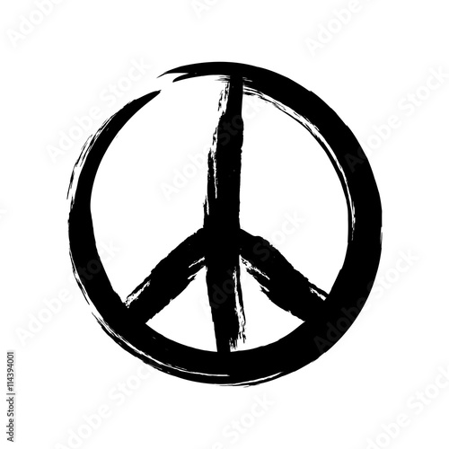 Sign pacifist, peace symbol, drawn by hand with a brush. Black Hippie sign on a white background.
