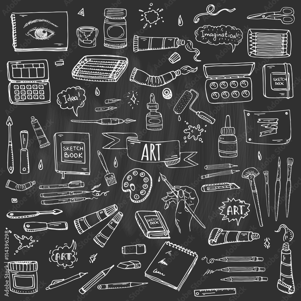 Hand drawn doodle Art and Craft tools icons set Vector illustration art