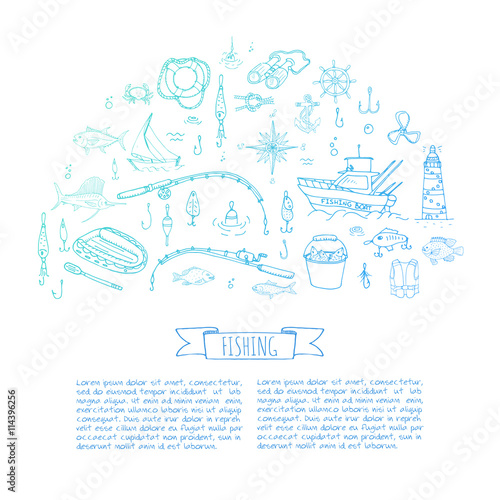 Hand drawn doodle Fishing icons set Vector illustration fishing equipment elements collection Cartoon fishing concept Fishing rod Baits Spinning Fishing lure Fish Fishing boat Lighthouse Fishing cloth