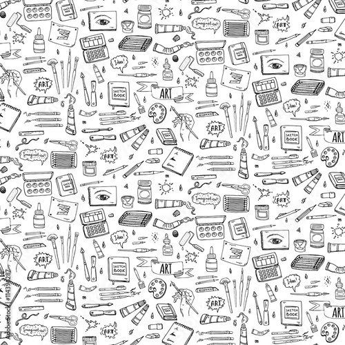 Seamless background hand drawn doodle Art and Craft tools icons set Vector illustration art instruments symbols collection Cartoon various art tools Brush Watercolor Paint Artist elements Sketch