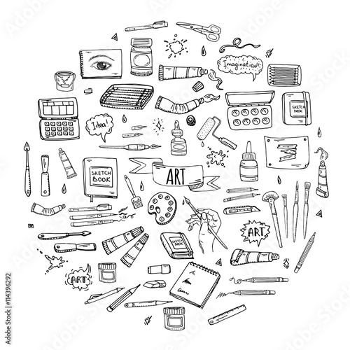 Hand drawn doodle Art and Craft tools icons set Vector illustration art instruments symbols collection Cartoon various art tools Brush Watercolor Paint Artist elements on white background Sketch