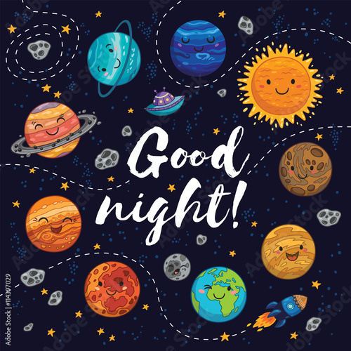 Good night - hand drawn poster with planets, stars, comets.