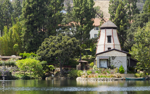 The garden of meditation in Santa Monica, United States. Park of five religions at the lake Shrine, landscape. 