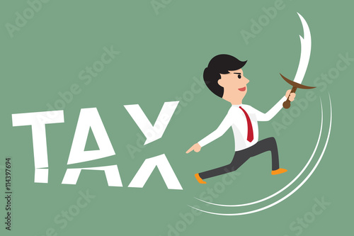business man using sword cut tax. free tax and pay tax concept v