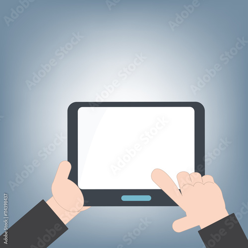 tablet in hand and blank white screen for web and mobile applications, mobile technology background concept, illustration vector in flat design