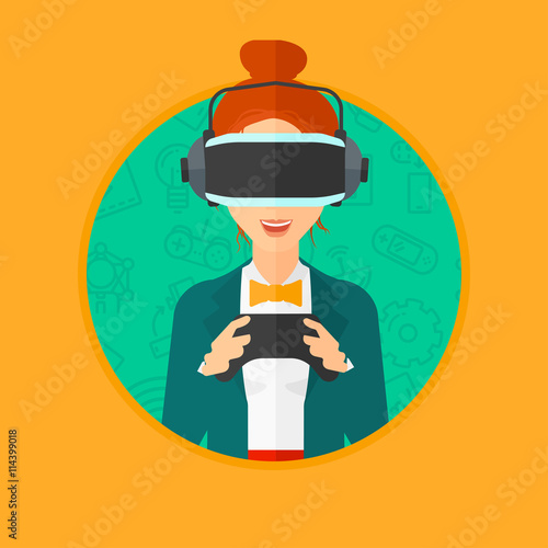 Woman wearing virtual reality headset.