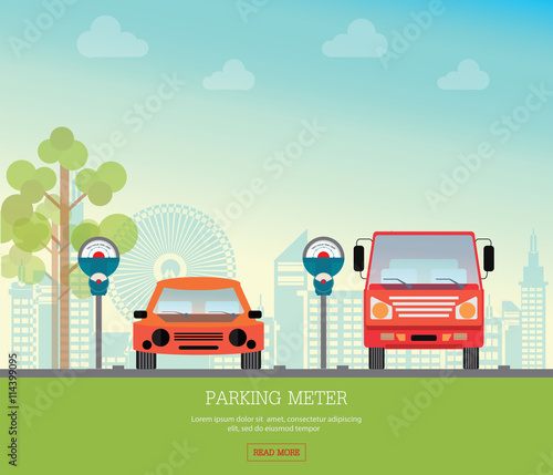 Car park with parking meter on city view background.