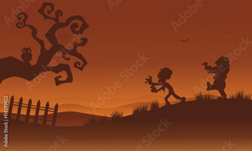 Silhouette of zombie and bat Halloween