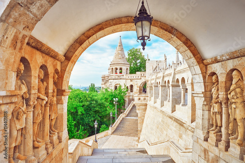 View on the Old Fisherman Bastion in Budapest. Arch Gallery. photo