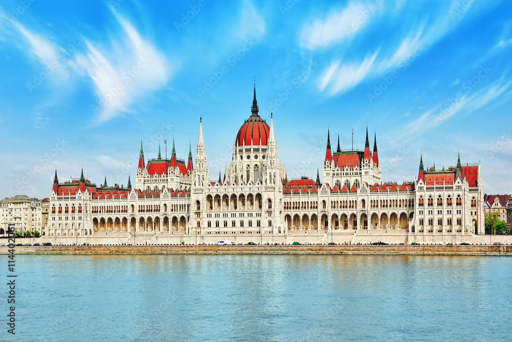 Fototapeta premium Hungarian Parliament at daytime. Budapest. View from Danube rive
