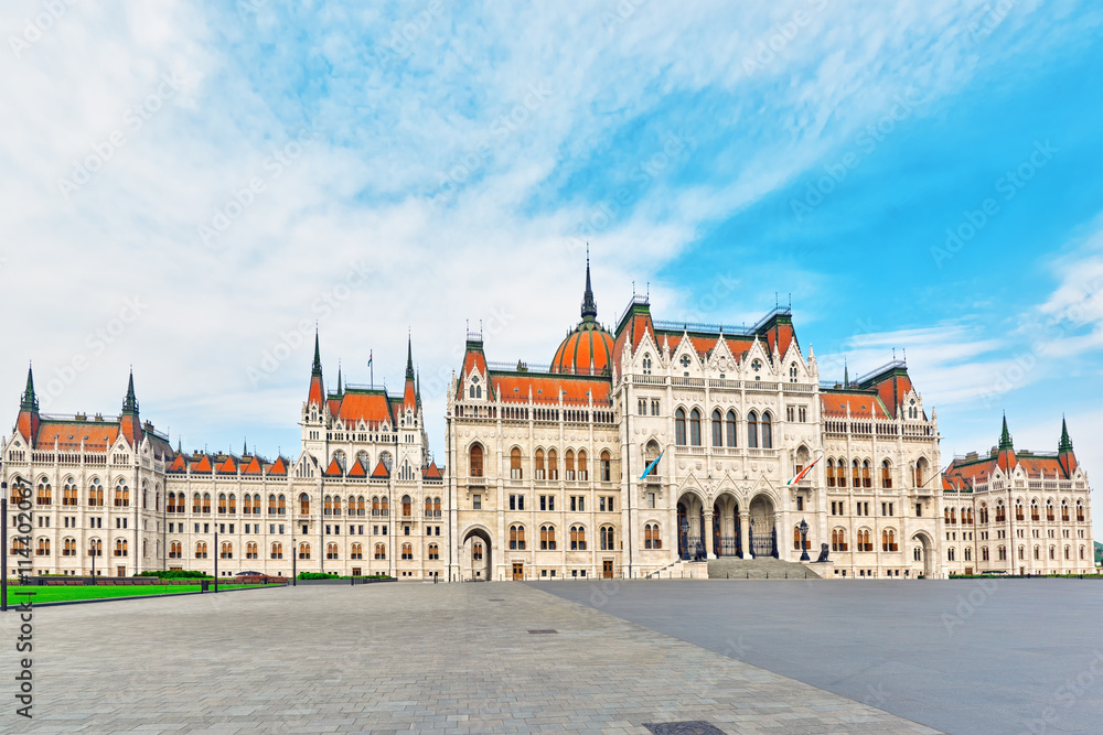 Hungarian Parliament Main Entrance. Panoramic view. Hungary.