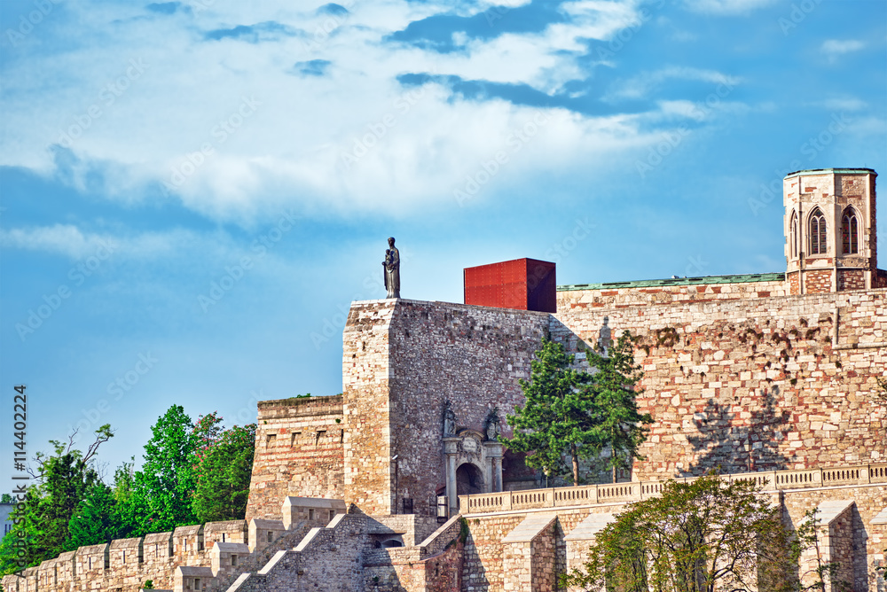 Statue  near Budapest Royal Castle at day  time. Fragments of th