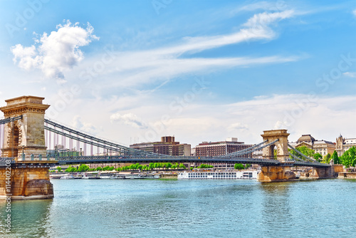 Szechenyi Chain Bridge at morning time. Budapest, Hungary.