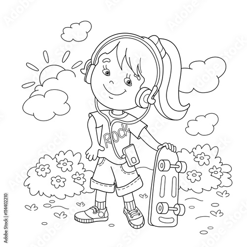 Coloring Page Outline Of girl in headphones with skateboard