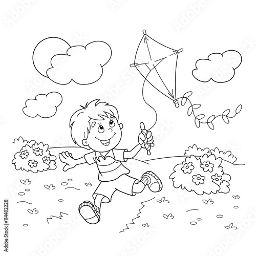 Coloring Page Outline Of cartoon boy running with a kite