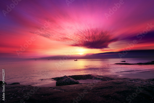 Tropical beach at sunset. color sunset on beach