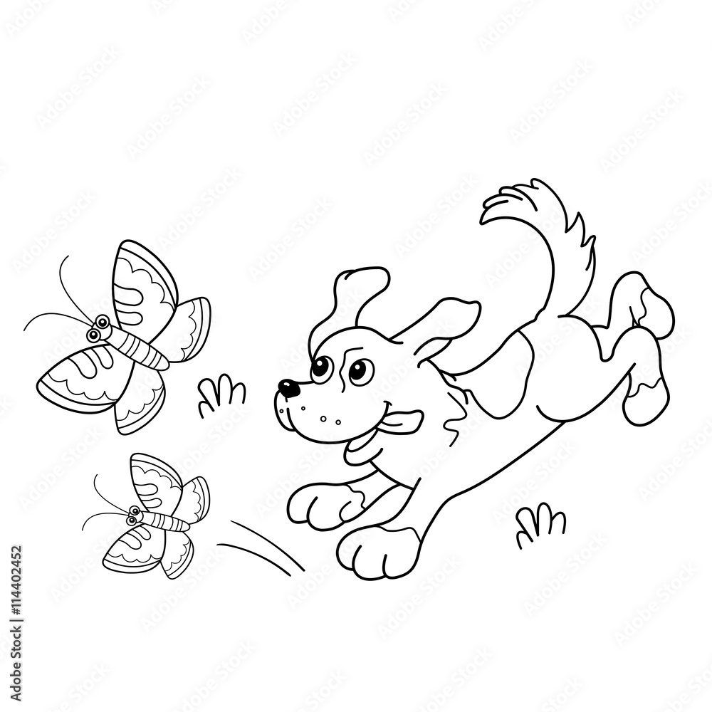 Coloring Page Outline Of cartoon dog with butterflies Stock Vector ...