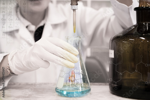 The woman who's the scientist is doing the experiment, the titration of the reagent in the flask photo