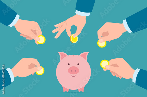 Putting golden coins in piggy bank. Investment, payment, savings earnings. Pink piggy bank.