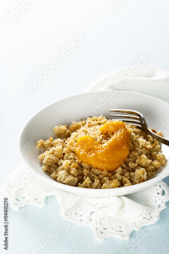 Austrian crumble dessert with fruit puree photo