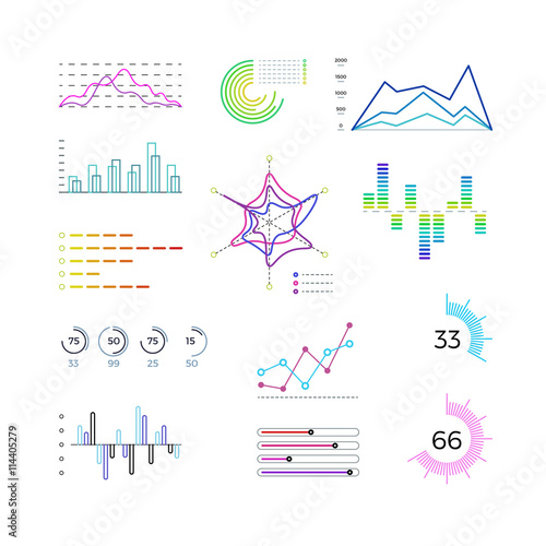 Thin line chart elements for infographic. Outline diagrams and linear graphs vector templates. Charts and diagrams for business report or presentation