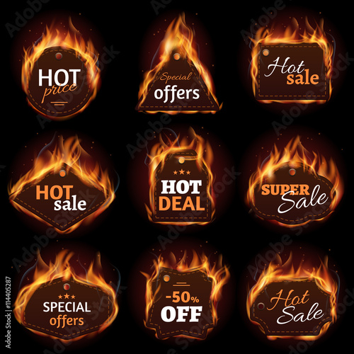 Hot fire sale, price, deal, offer labels, tag, badge set. Tag for promotion, design tags in fire for deal and offer. Vector illustration