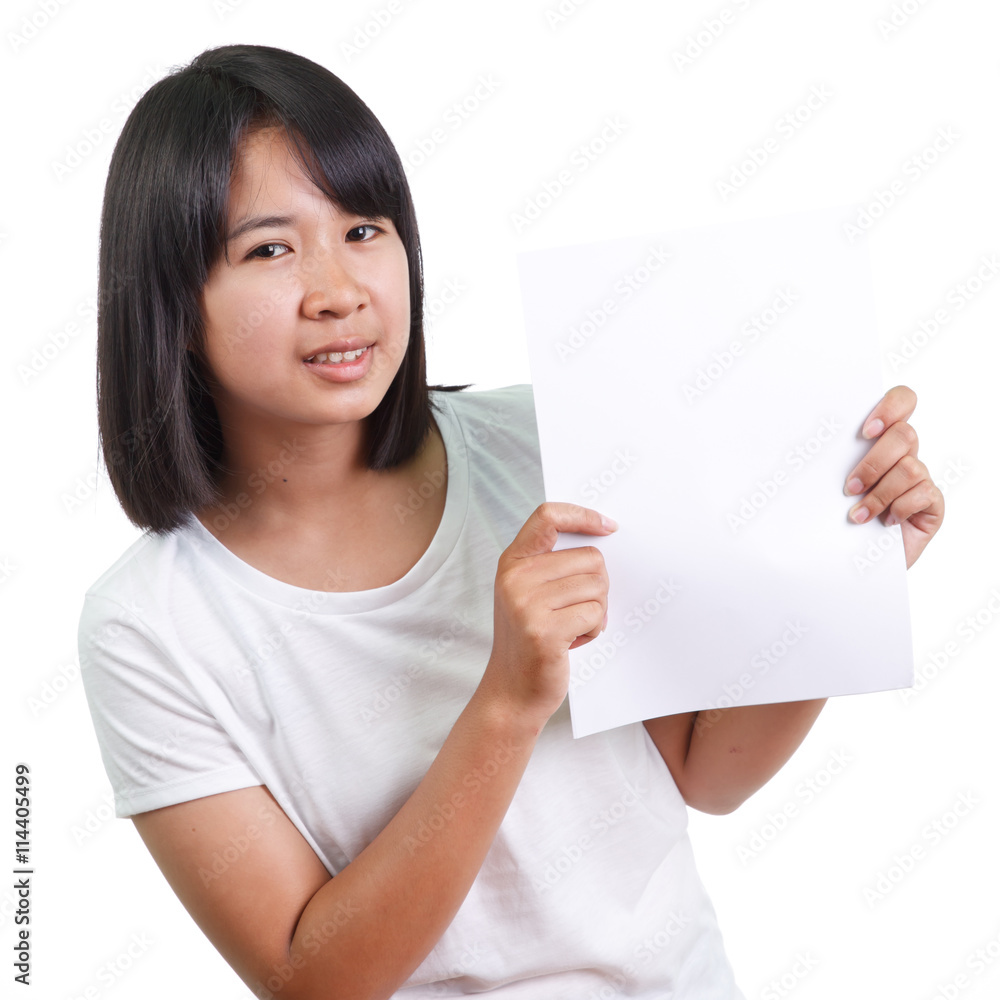 Young beautiful woman smiling showing blank white placard. Young beautiful woman smiling showing blank white placard.