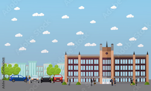 School and college vector banner. Students, teachers walk next to university buildings.
