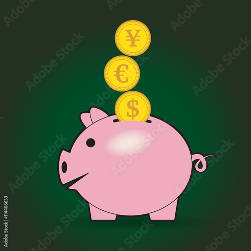 Piggy bank with coins. Ceramic piggy. Dark version illustration. - stock vector