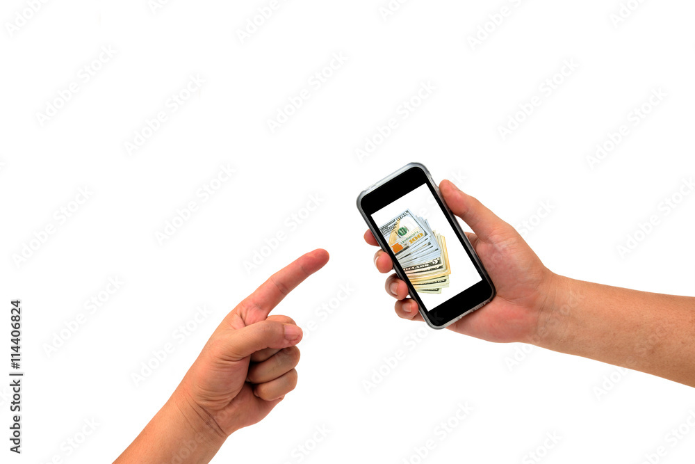 Hand holding Smartphone show screen display isolated on white Hand holding Smartphone show screen display isolated on white