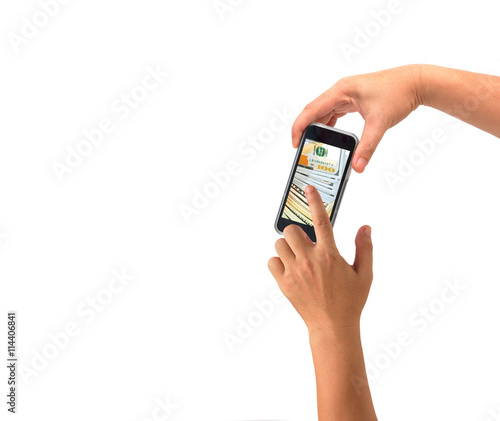 Hand holding Smartphone show screen display isolated on white