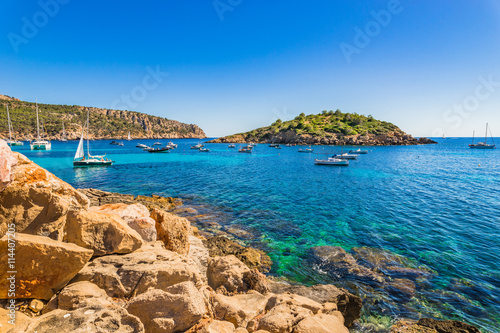 Boats at anchor Mediterranean Sea beautiful bay coast Majorca Sant Elm