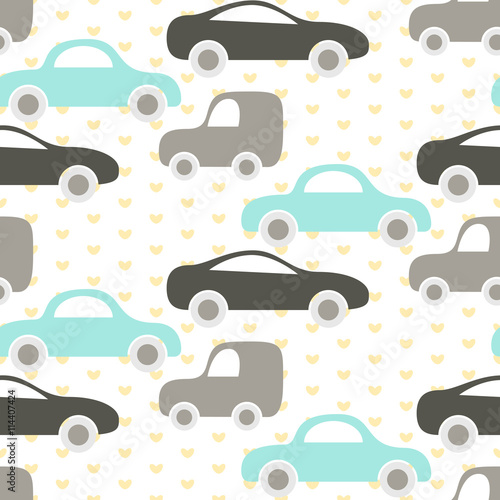 Car cute baby vector seamless pattern. Kid fabric and apparel design. Baby blue and grey cars on heart pattern.