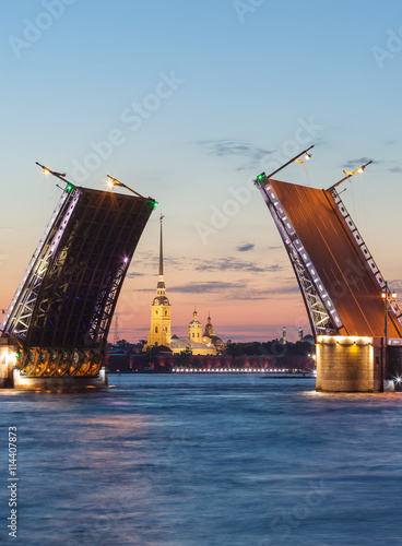 Palace Bridge, Peter Paul Cathedral. White Nights St.-Petersburg, Russia