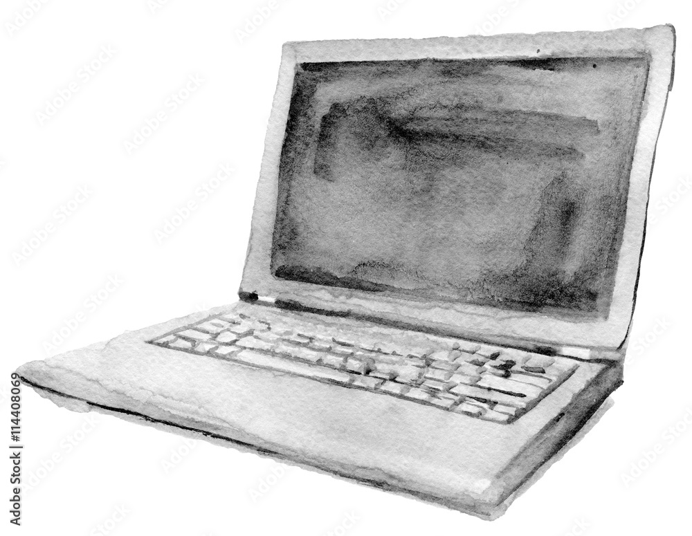 watercolor sketch of laptop on a white background Stock Illustration
