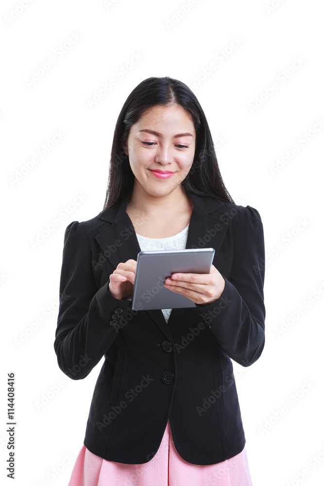 Asian woman holding tablet computer isolated on white background Asian woman holding tablet computer isolated on white background
