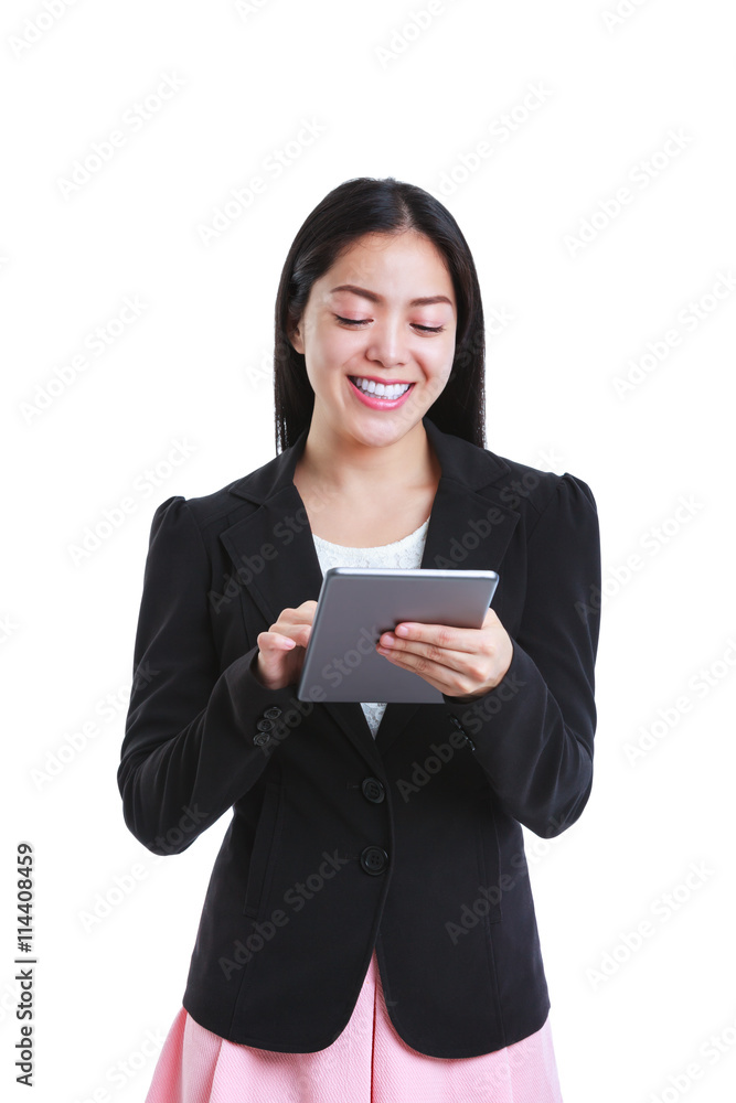 Asian woman holding tablet computer isolated on white background Asian woman holding tablet computer isolated on white background