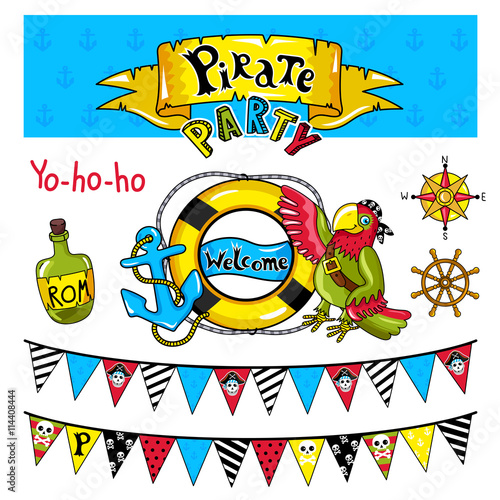 Pirate party elements for birthday, steering wheel, flags, bottle and other pirate symbols.