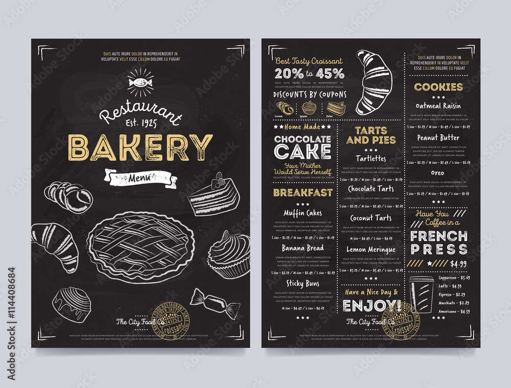 Bakery restaurant cafe menu template design on chalkboard background