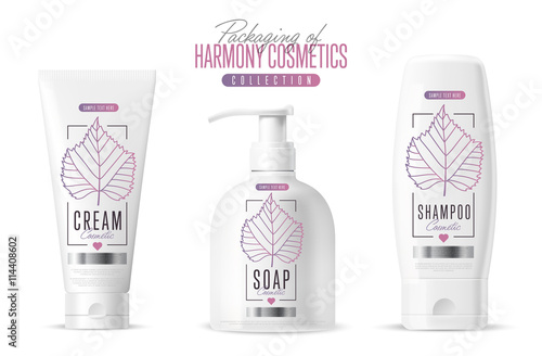 Harmony organic cosmetic brand vector packaging template, body care product. Oil, lotion or soap, shampoo, cream. Realistic bottle mock up set, isolated pack on white background.