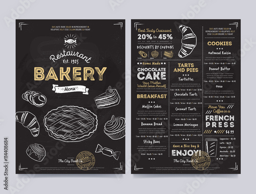 Bakery restaurant cafe menu template design on chalkboard background vector illustration
