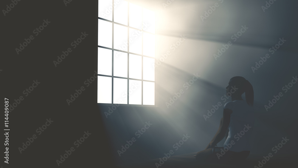 Lonely Woman in Melancholy Sitting in an Empty Room against Ligh Lonely Woman in Melancholy Sitting in an Empty Room against Ligh