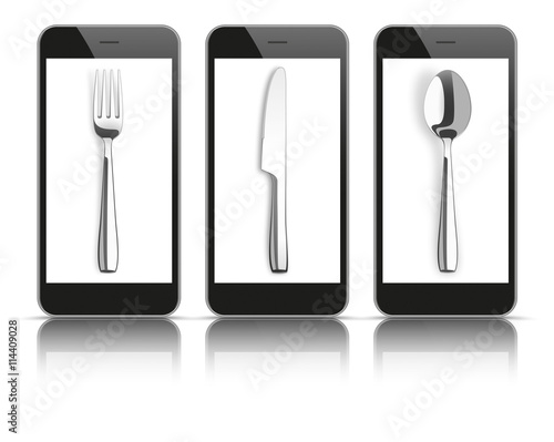 3 Black Smartphones Mirror Knife Fork Spoon